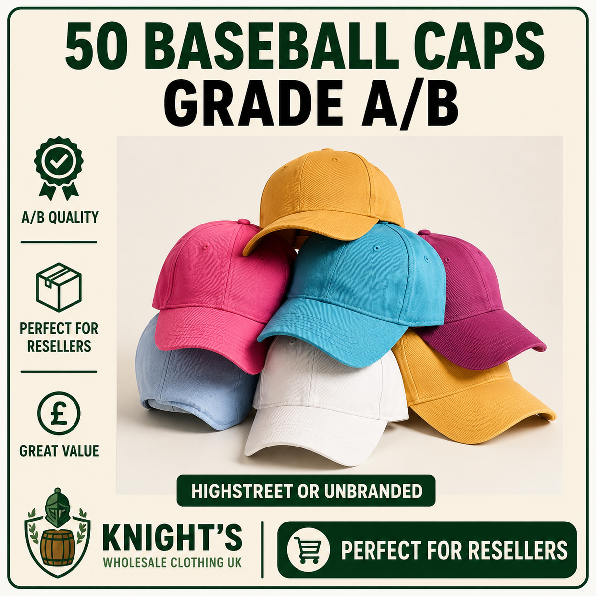 50 x Baseball Caps Hats Adults - Grade A/B