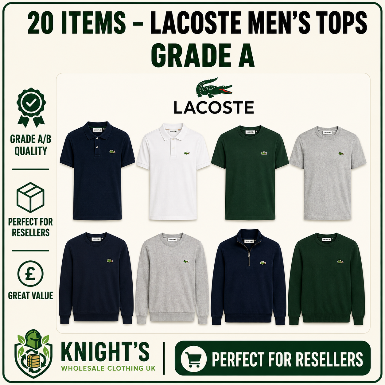 20x Lacoste Men’s Tops Clothing Items – Grade A