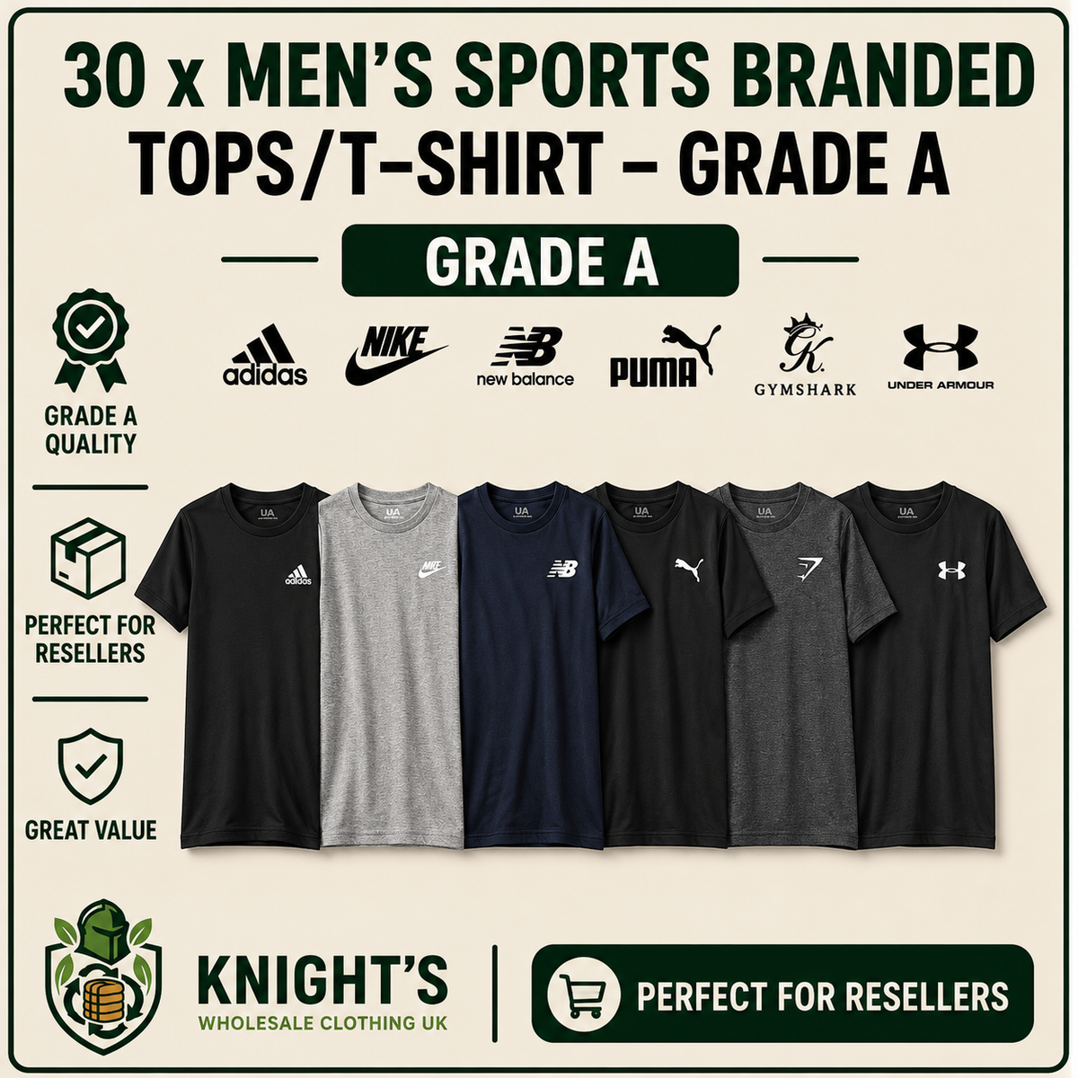 30x Men’s Sports Branded T-Shirt/Tops - Grade A- Nike, Adidas & more…
