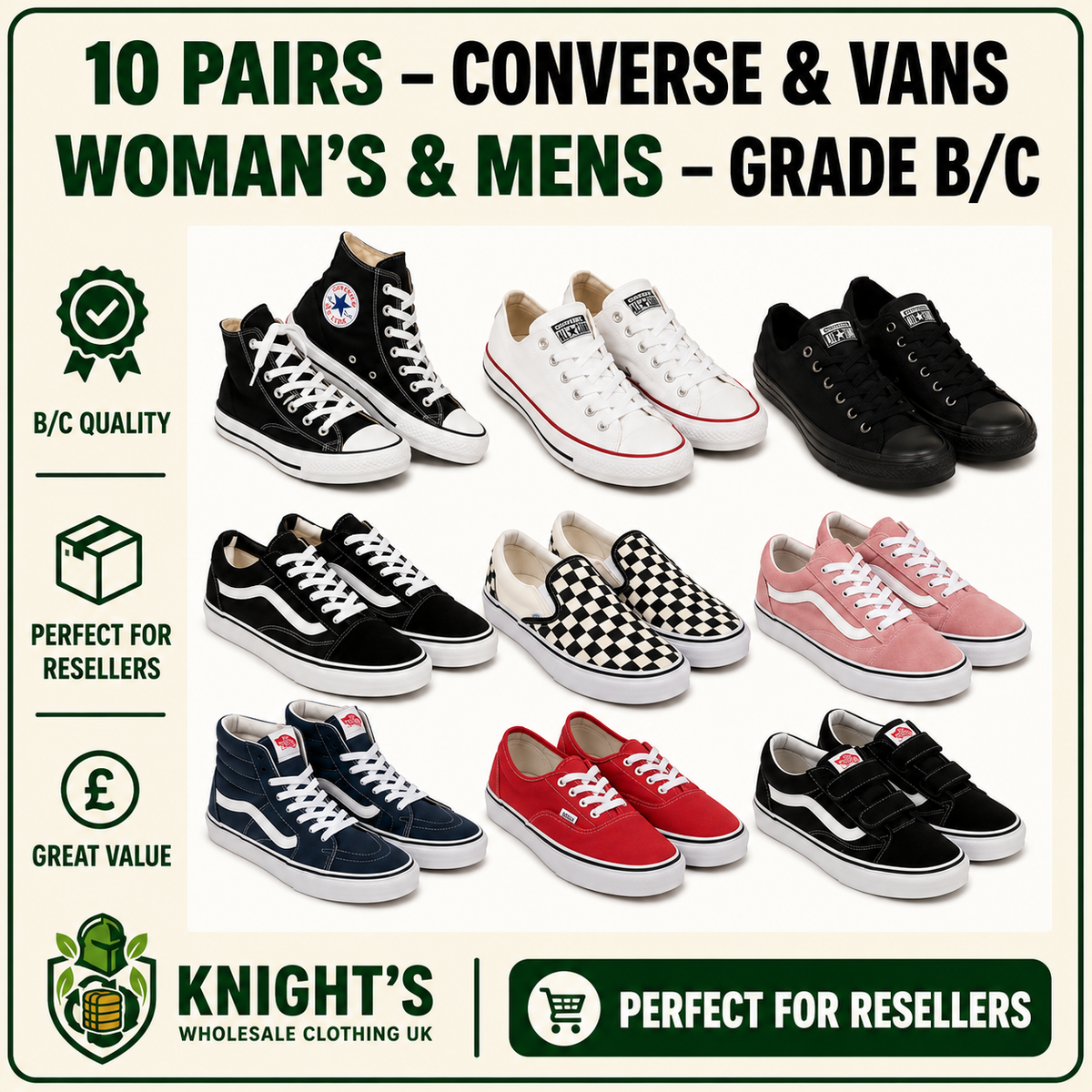 10 Pairs - Vans and Converse Shoes - Mens & Women’s - Grade B/C